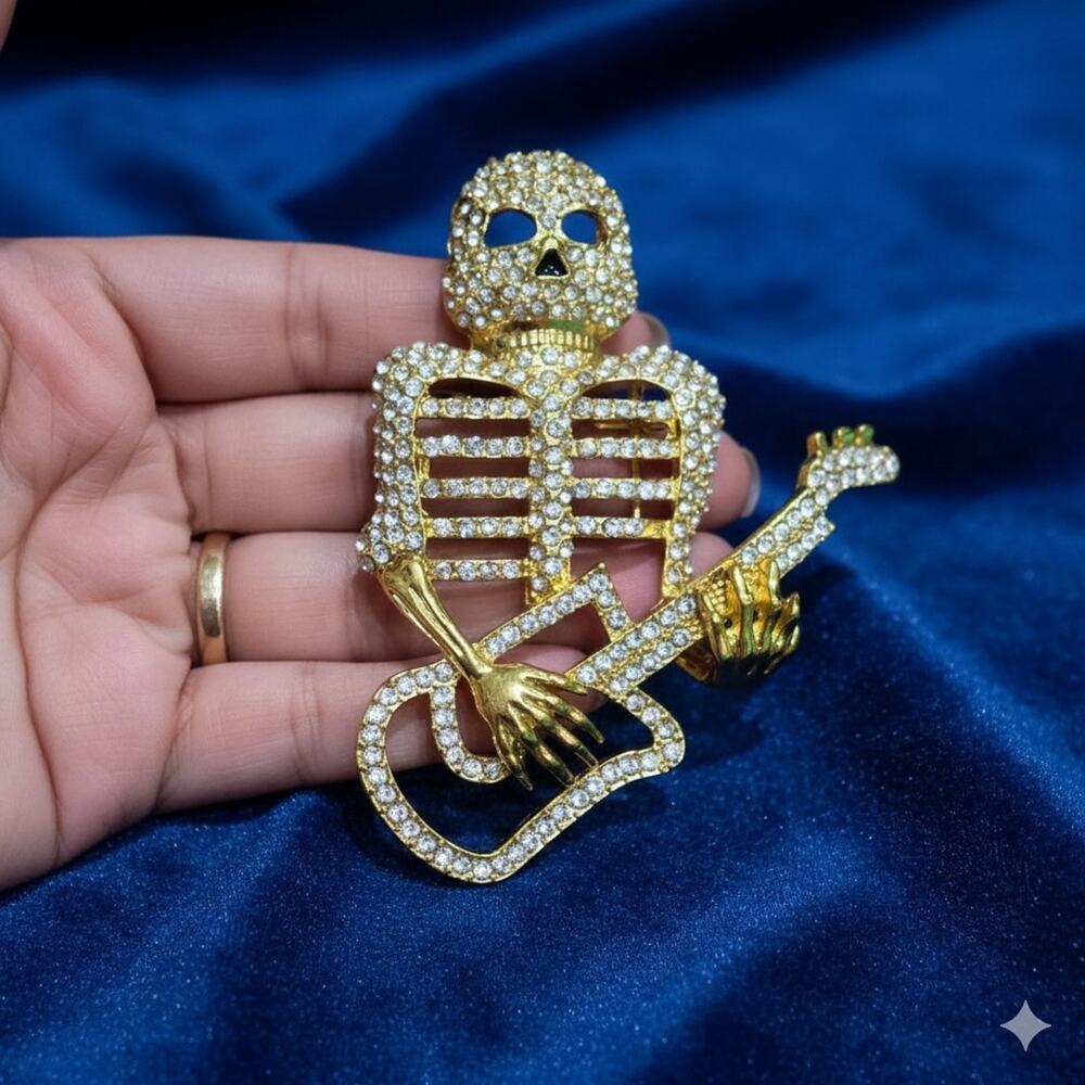 Skeleton Playing Guitar Belt Buckle Rhinestone Studded Gold Tone 4.5x 3.5 inches